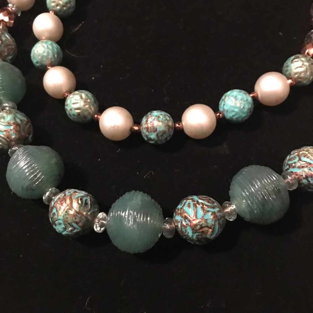 Boho Teal/Ivory Beaded Necklace